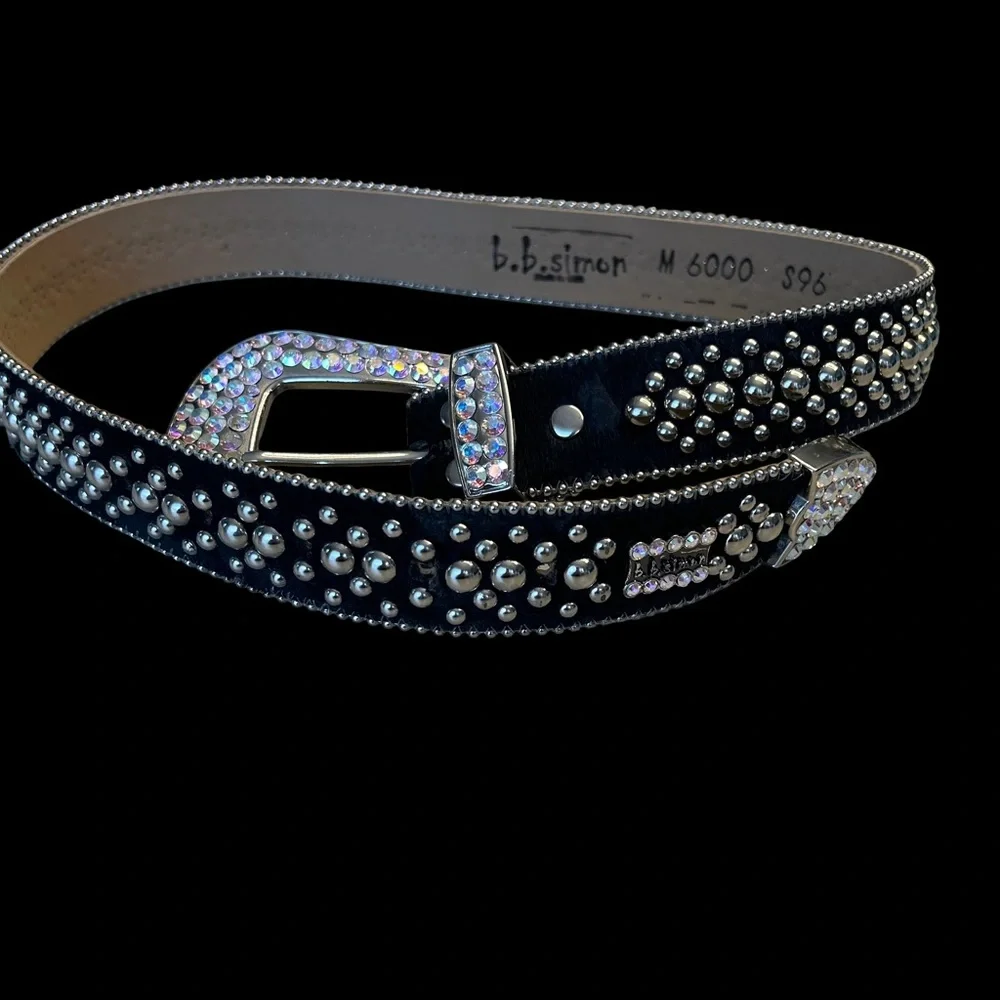 B.B. Simon M6000 Black Leather Belt with Silver and Iridescent Accents - Picture 11 of 12